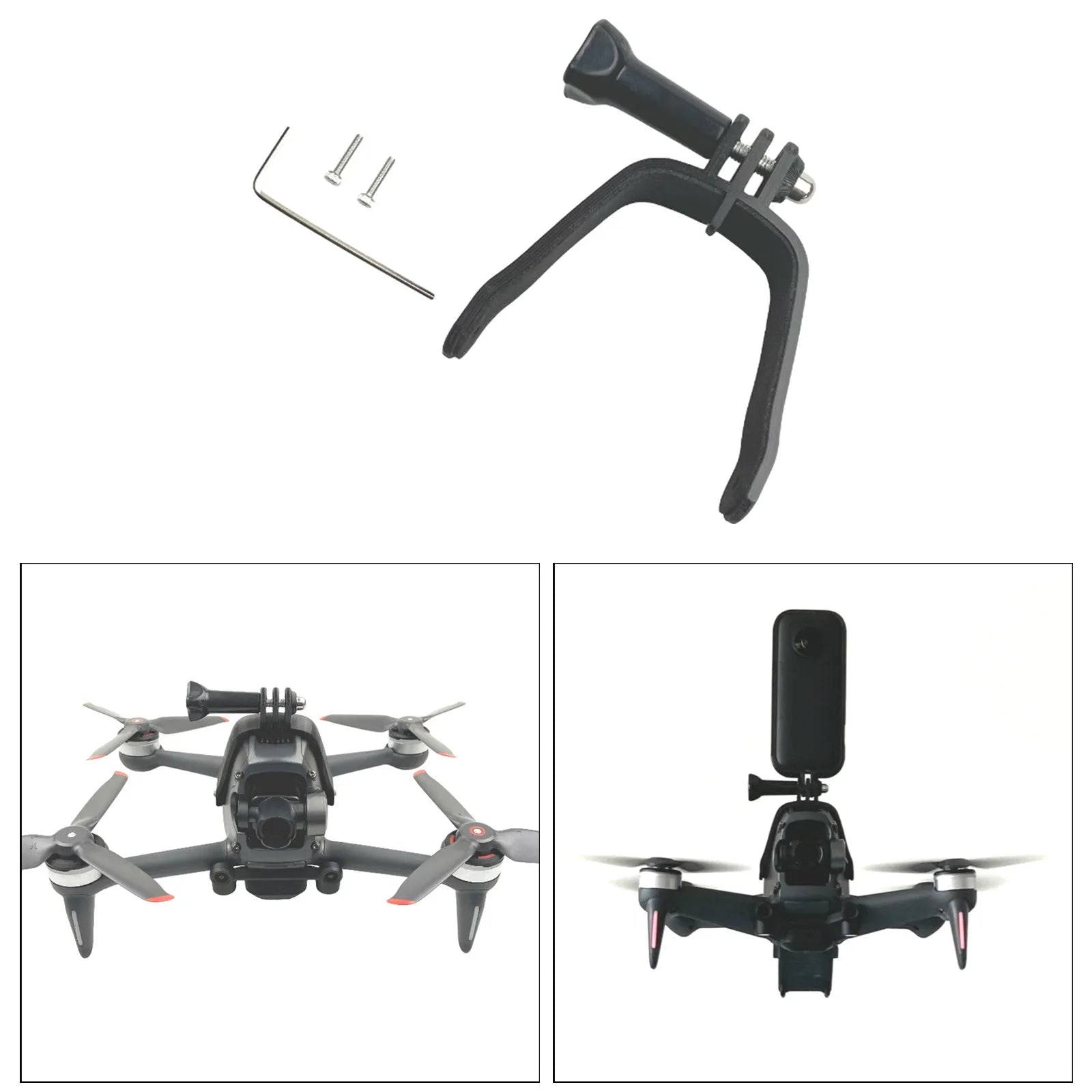 3D printed drone top expansion bracket for GoPro camera with soft sponge base.