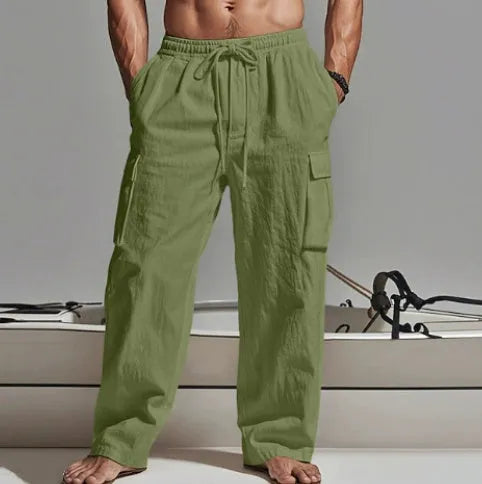Men's cotton wide-leg casual trousers in seven colours with elastic mid waist