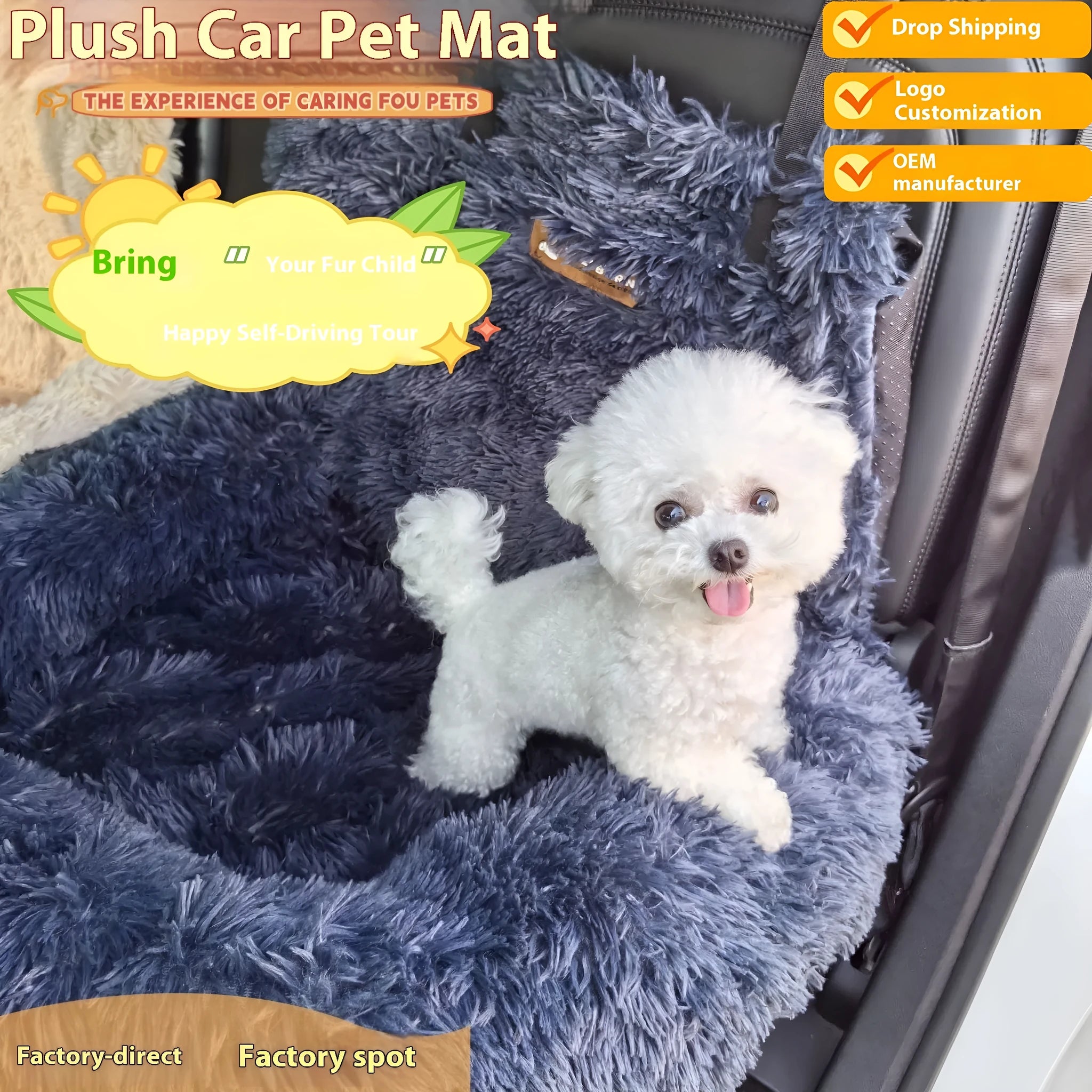 Dark grey thick cloth pet mat placed on a car seat, showing its size and texture for vehicle travel.