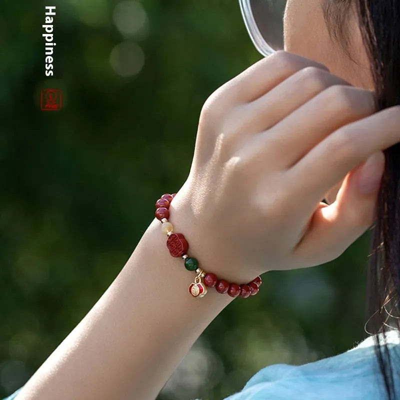 Emperor sandstone cinnabar bracelet with fu character, showing 6mm and 8mm bead size options.