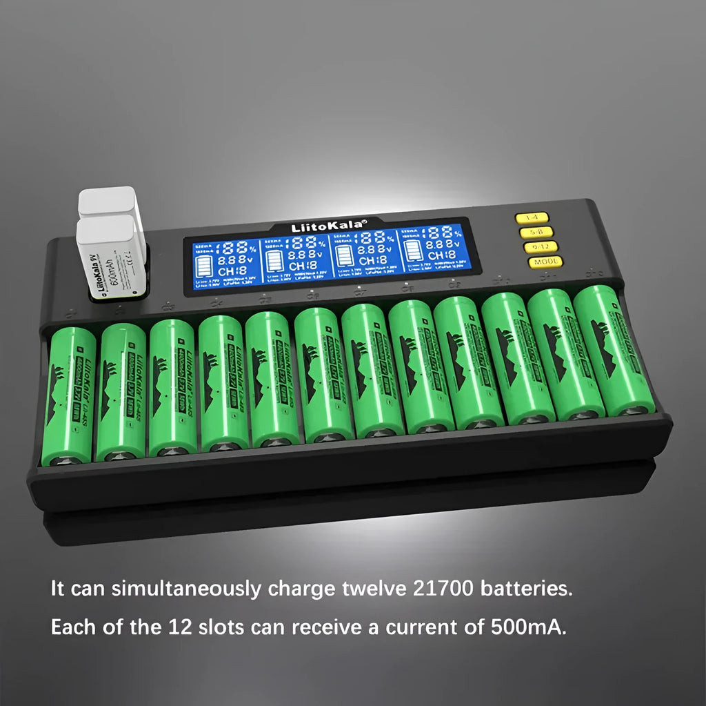 LiitoKala Lii-S12 12-slot LCD battery charger black with 12 batteries inserted on display
