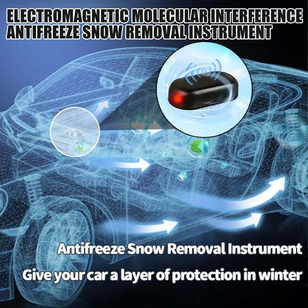 Black car snow deicer tool measuring 5cm by 2.6cm by 1.5cm on a car dashboard.