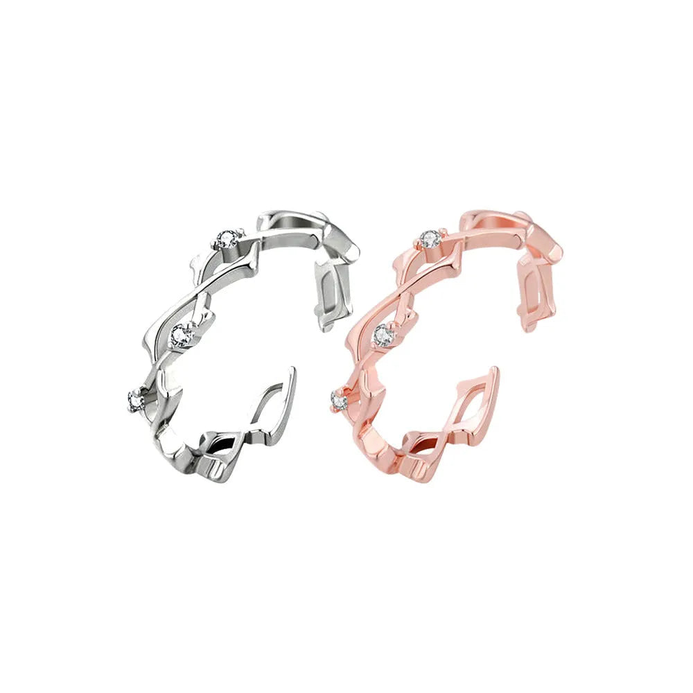 Inlaid zirconium thorns light luxury ring on index finger, rose gold copper, adjustable opening