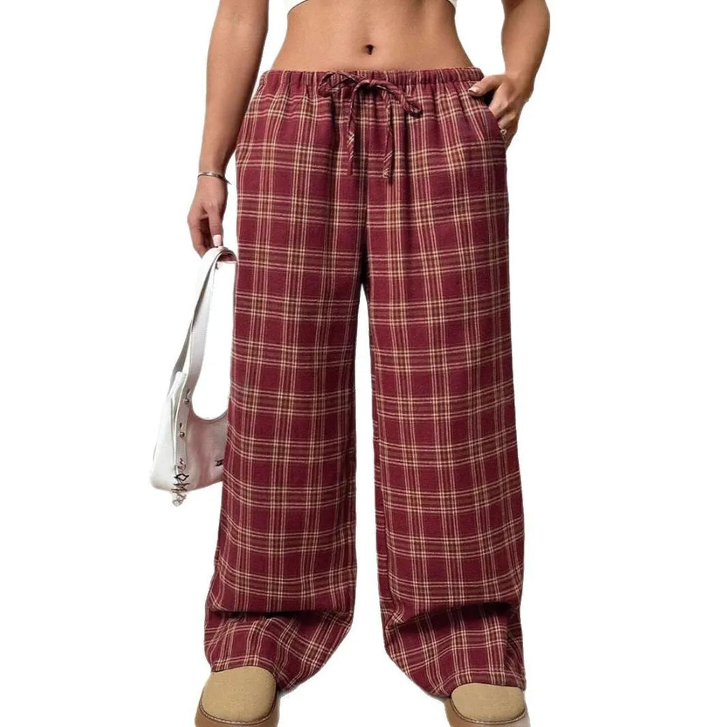 Women's plaid pattern casual trousers with drawstring waist and front pockets in blue colour option