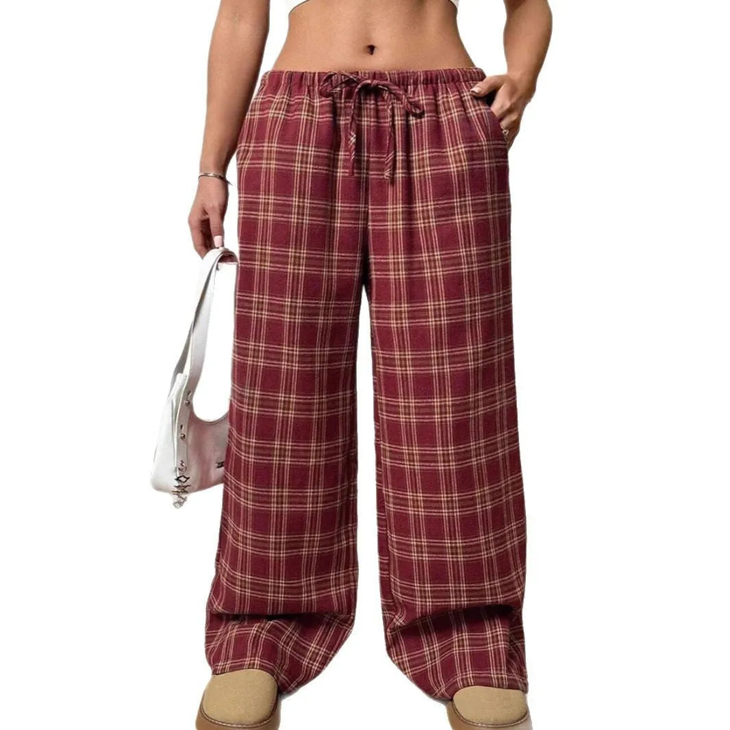 Women's plaid pattern casual trousers with drawstring waist and front pockets in blue colour option