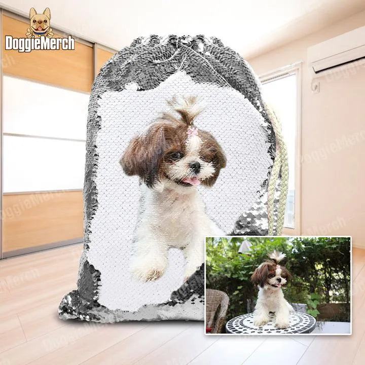Personalised pet photo backpack with purple sequins and custom dog photograph, drawstring closure