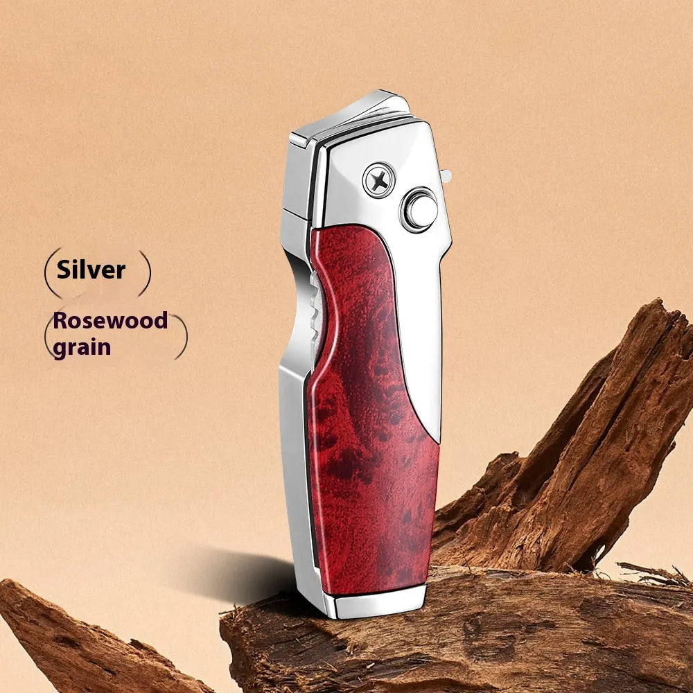 Metal folding outdoor lighter with integrated knife in a zinc alloy case, showing various colour options.