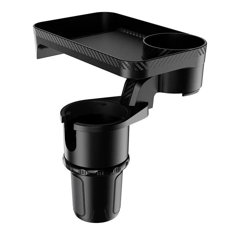 Black ABS plastic car-mounted rotating dinner tray holder showing 360-degree rotation mechanism