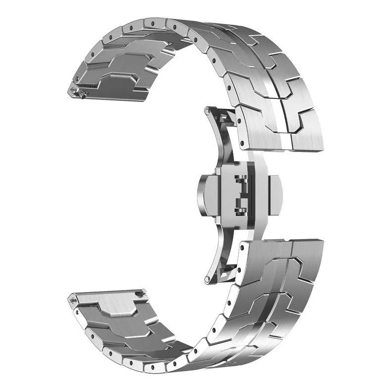 Stainless steel watch band for Samsung Galaxy Watch showing silver and black colour options