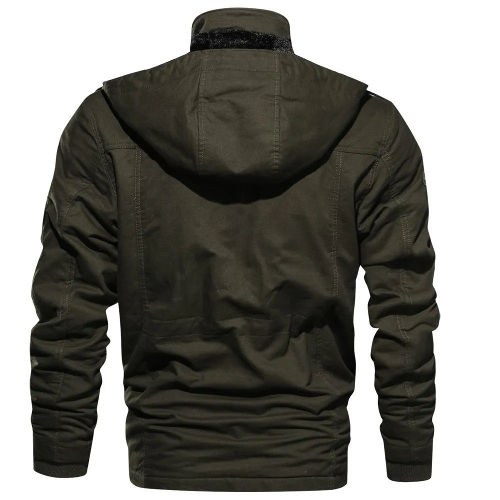 Mountainskin men's winter fleece jacket in army green with hood and full front zipper