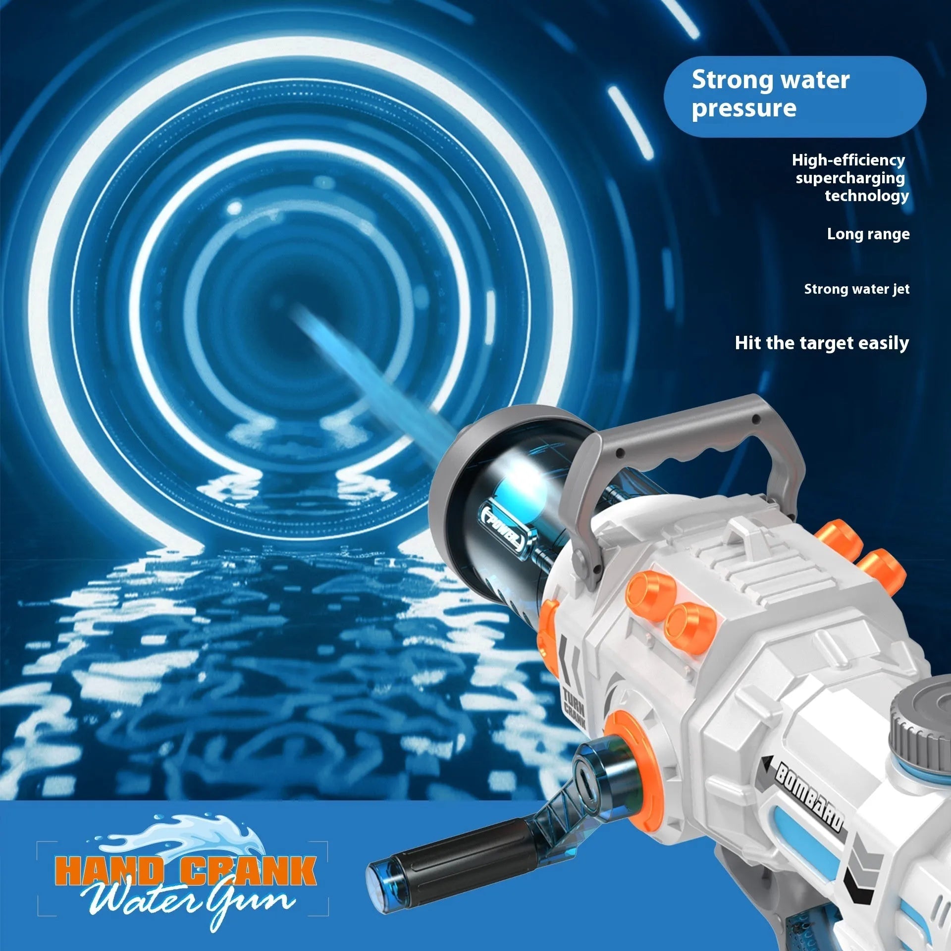 Hand-cranking gatling water gun with 1000ML capacity in blue and white plastic