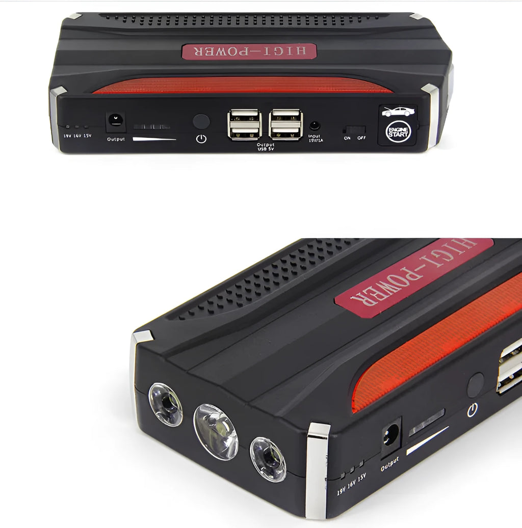 Portable car jump starter with 4in1 cable and battery clamps in retail tool case