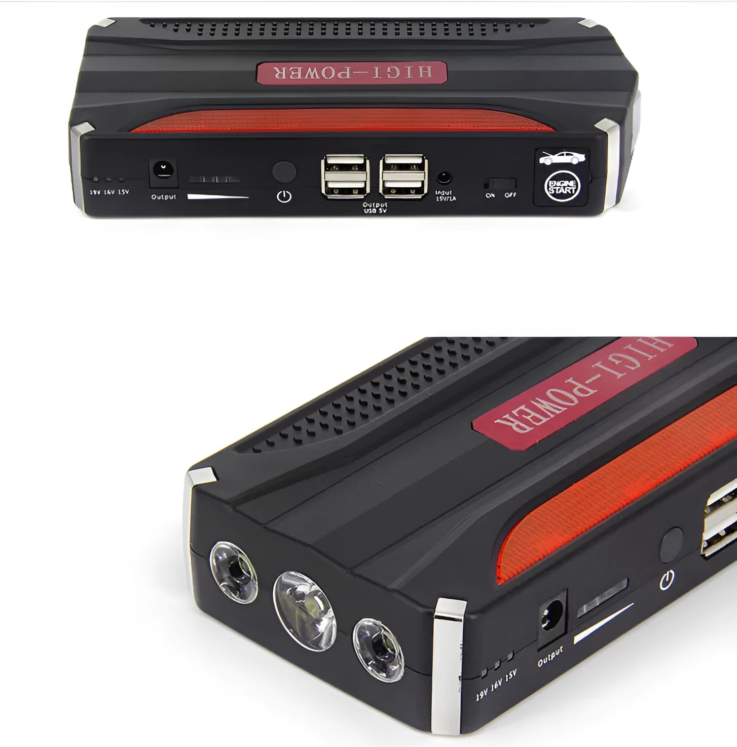 Portable car jump starter with 4in1 cable and battery clamps in retail tool case