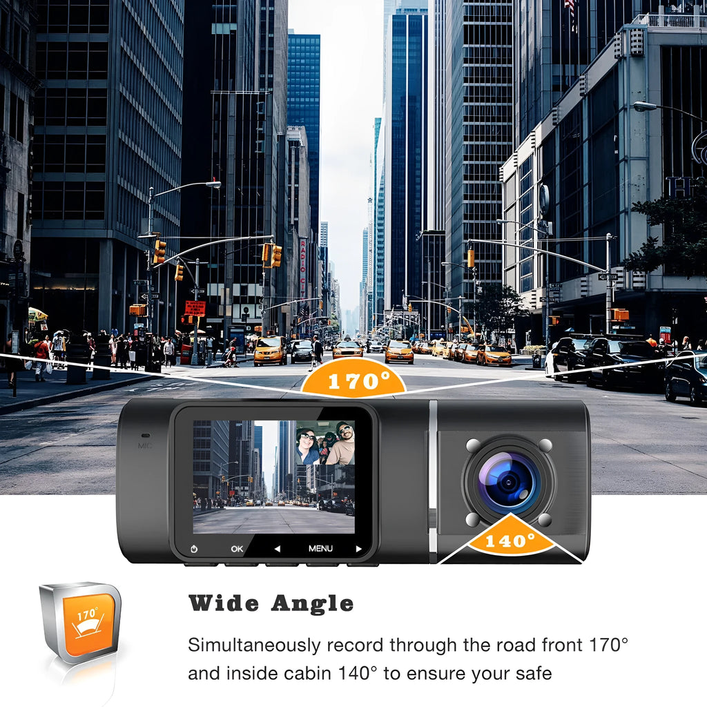Standard black 1080p dual recording dash cam with a 1.5-inch screen on a car windscreen.