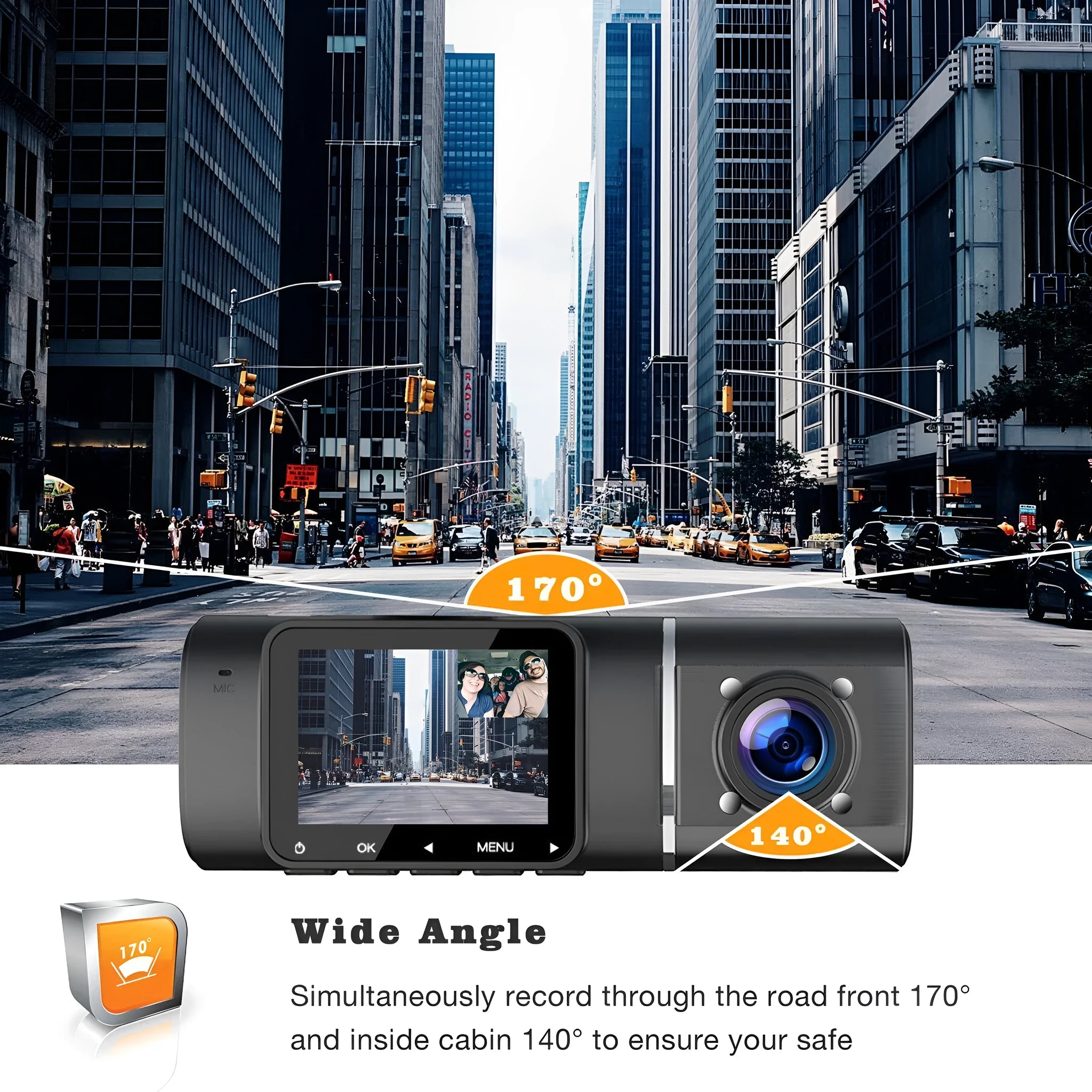 Standard black 1080p dual recording dash cam with a 1.5-inch screen on a car windscreen.