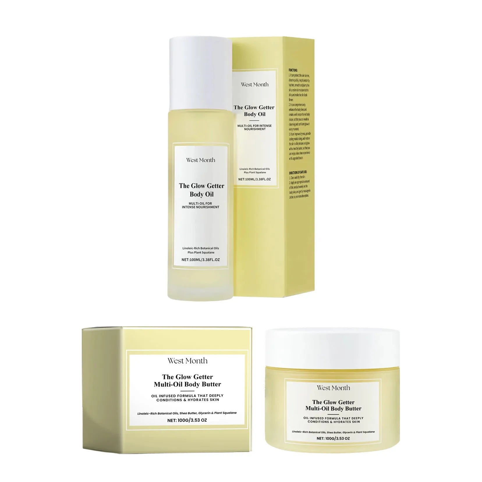 Nourishing and firming body care kit with skincare oil bottle and moisturising cream jar