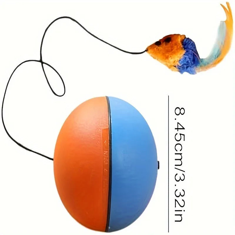 Interactive cat toy ball and plush mouse in blue and orange colours measuring 8.5cm