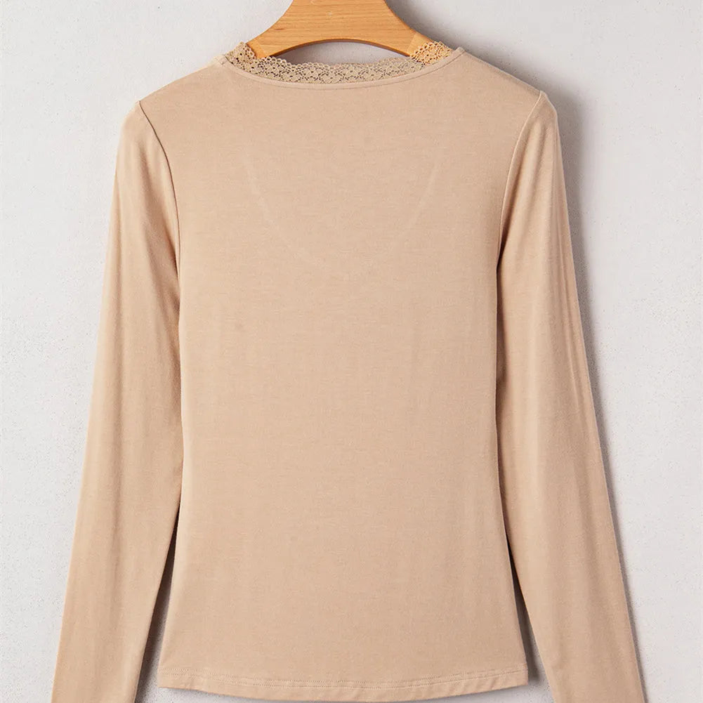 Women's red casual top with lace trim and long sleeves in slim fit