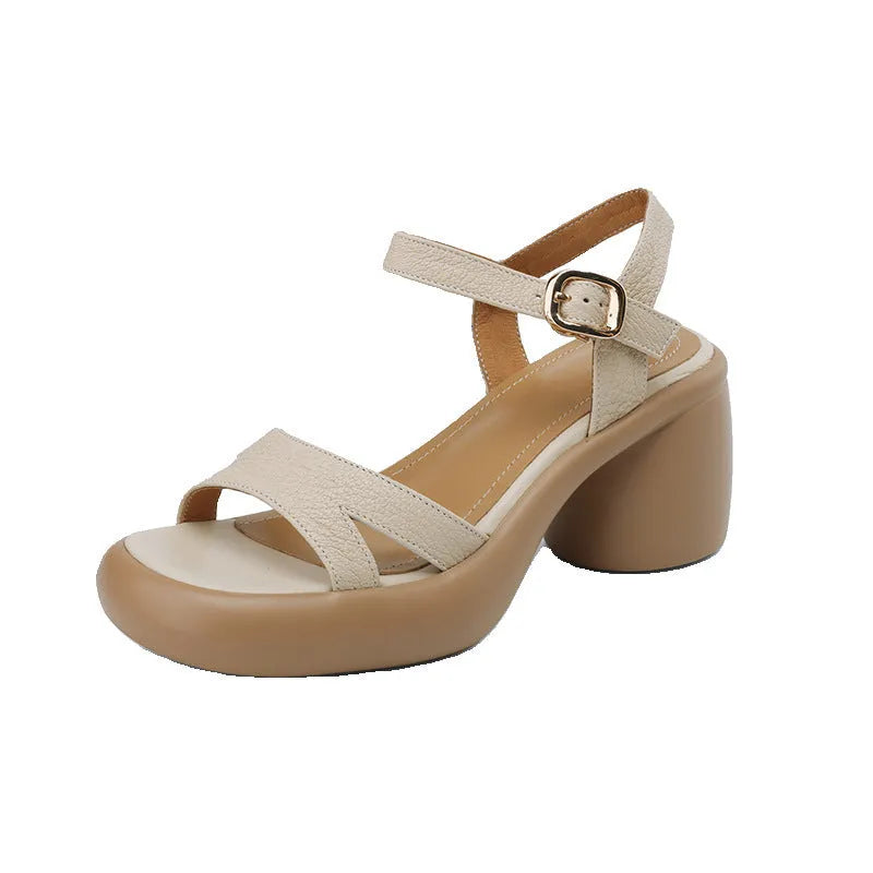 Women's open toe platform sandals in beige with a round toe and rubber sole
