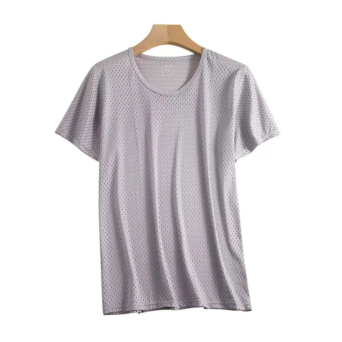 Men's solid colour ice silk short sleeve t-shirt on a hanger, showing loose crew neck and thin mesh fabric.