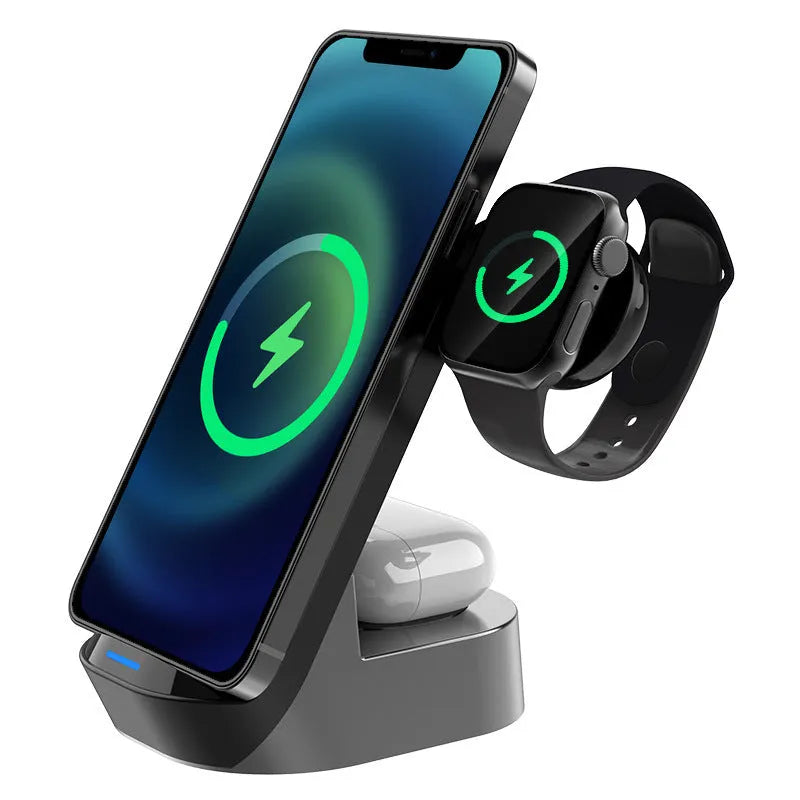 Black grey foldable 3-in-1 wireless charger vertical stand showing phone, watch and headphone charging
