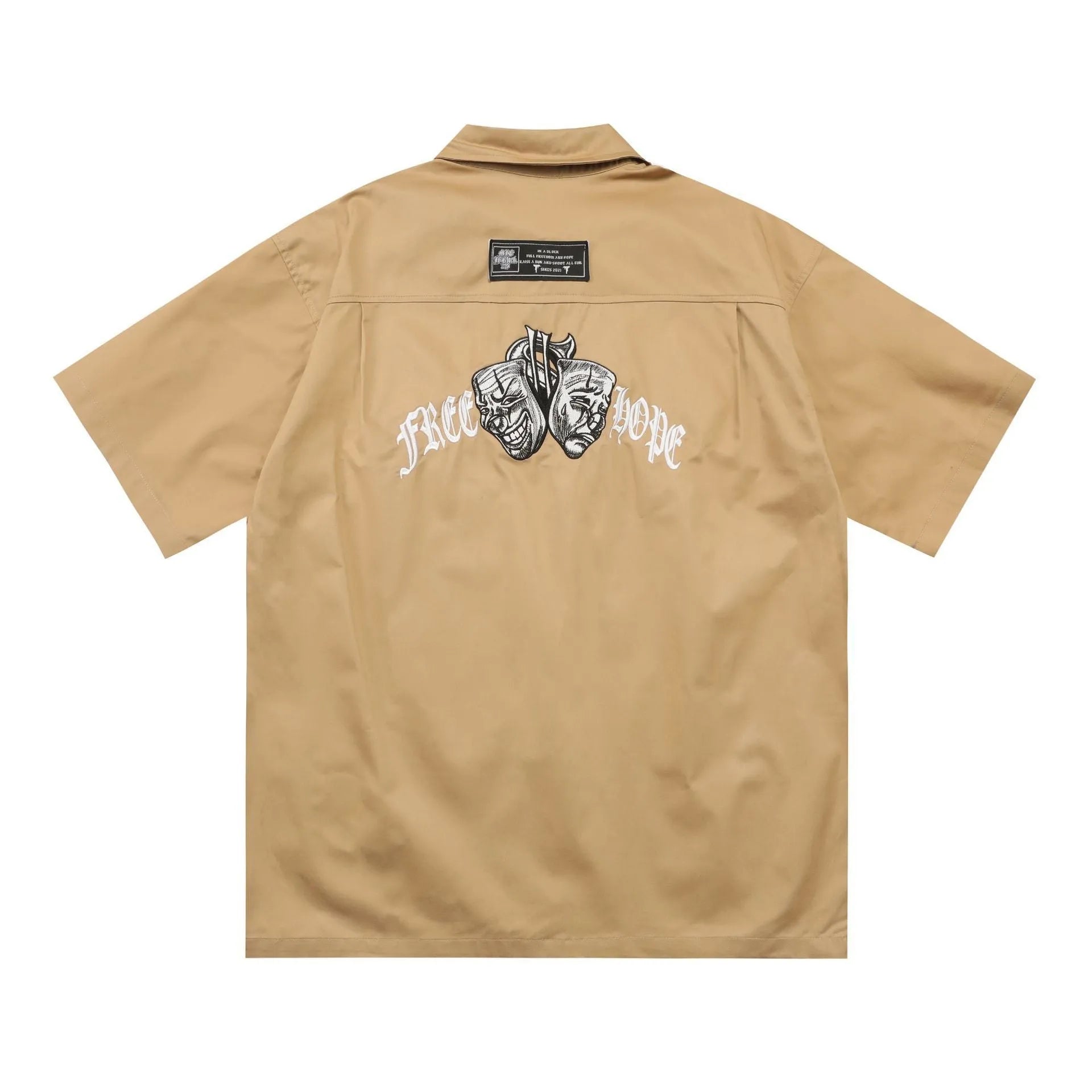 Men's black cotton blend work shirt with half sleeves and embroidered detailing, loose fit design
