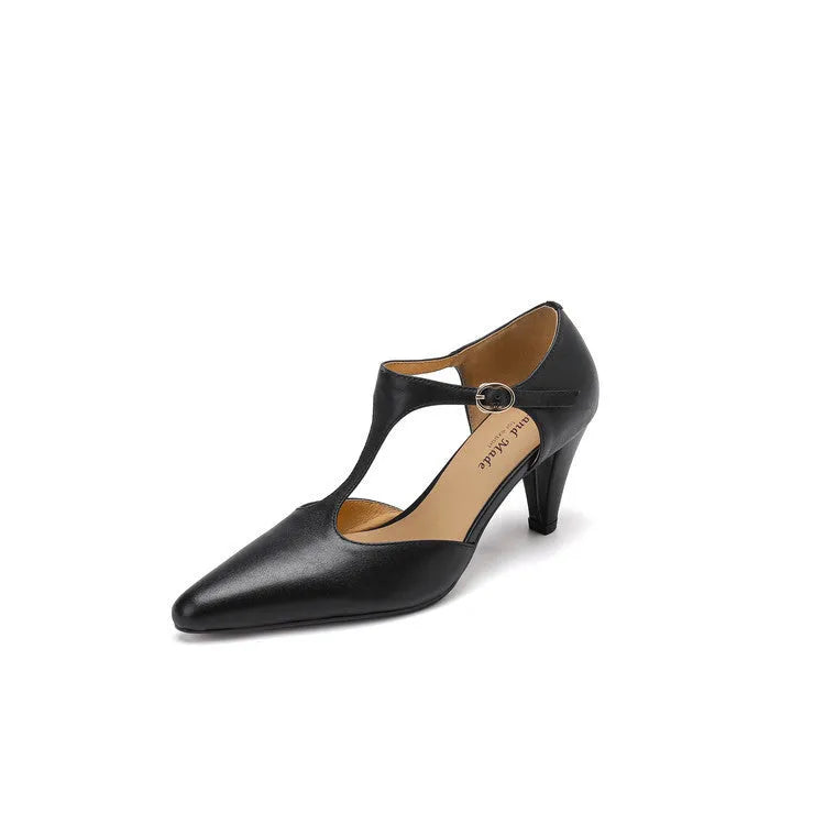Brown retro women's T-strap high heel sandals with chunky heel and round toe on a white background.