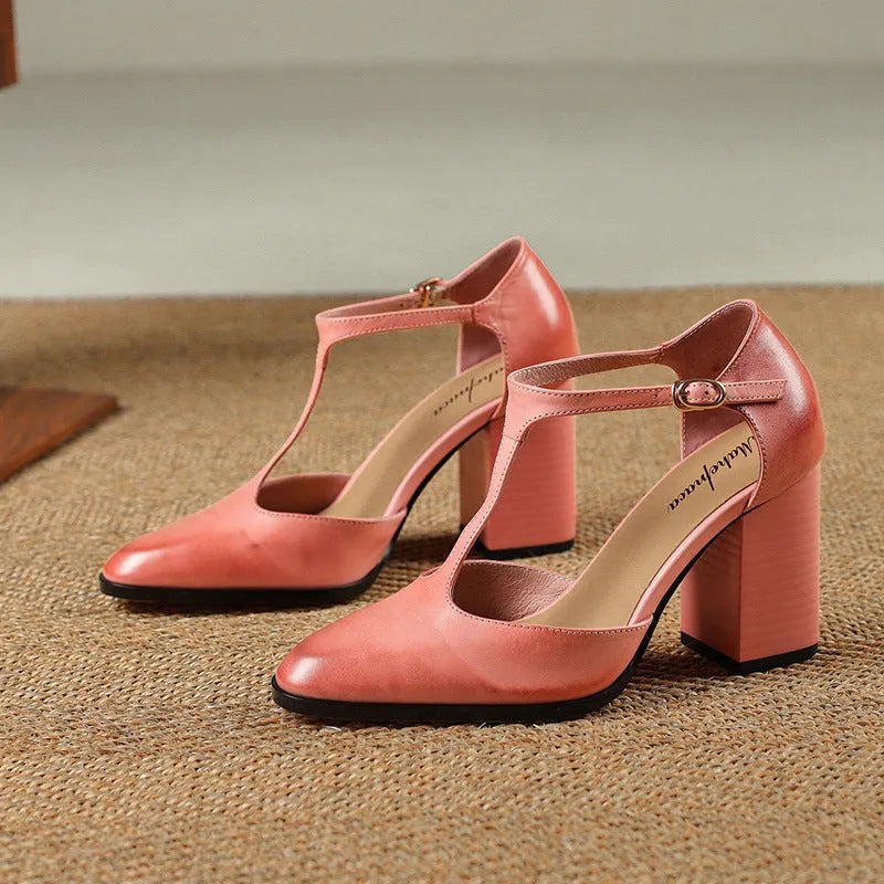 Baotou hollow women's retro pointed Mary Jane shoes in cowhide, showing buckle and hollow vamp design.