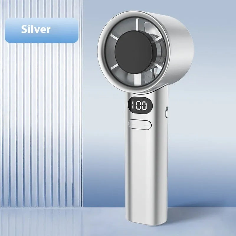 Handheld fan with variable speed control showing green colour option and USB charging port
