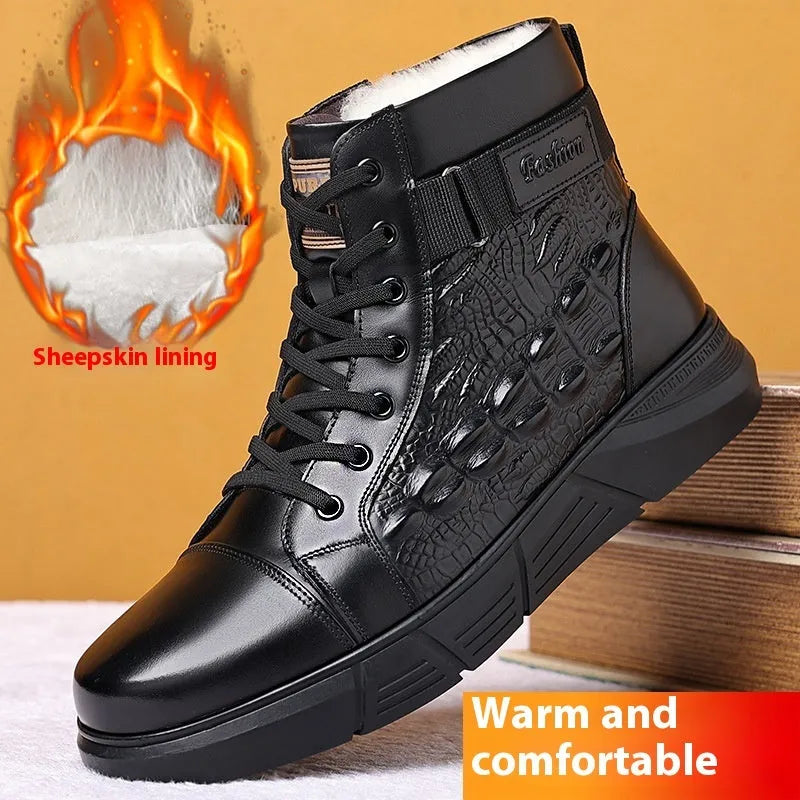 Men's black snow boots with fur lining, velvet trim, genuine leather upper, and rubber non-slip sole.