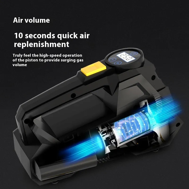 Black portable 12V car tyre inflator with digital display and LED light on a grey background.