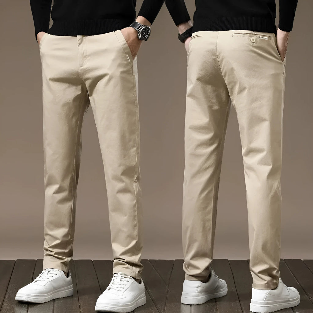 Combed cotton light business casual trousers for men in four colours with mid-rise elastic waist