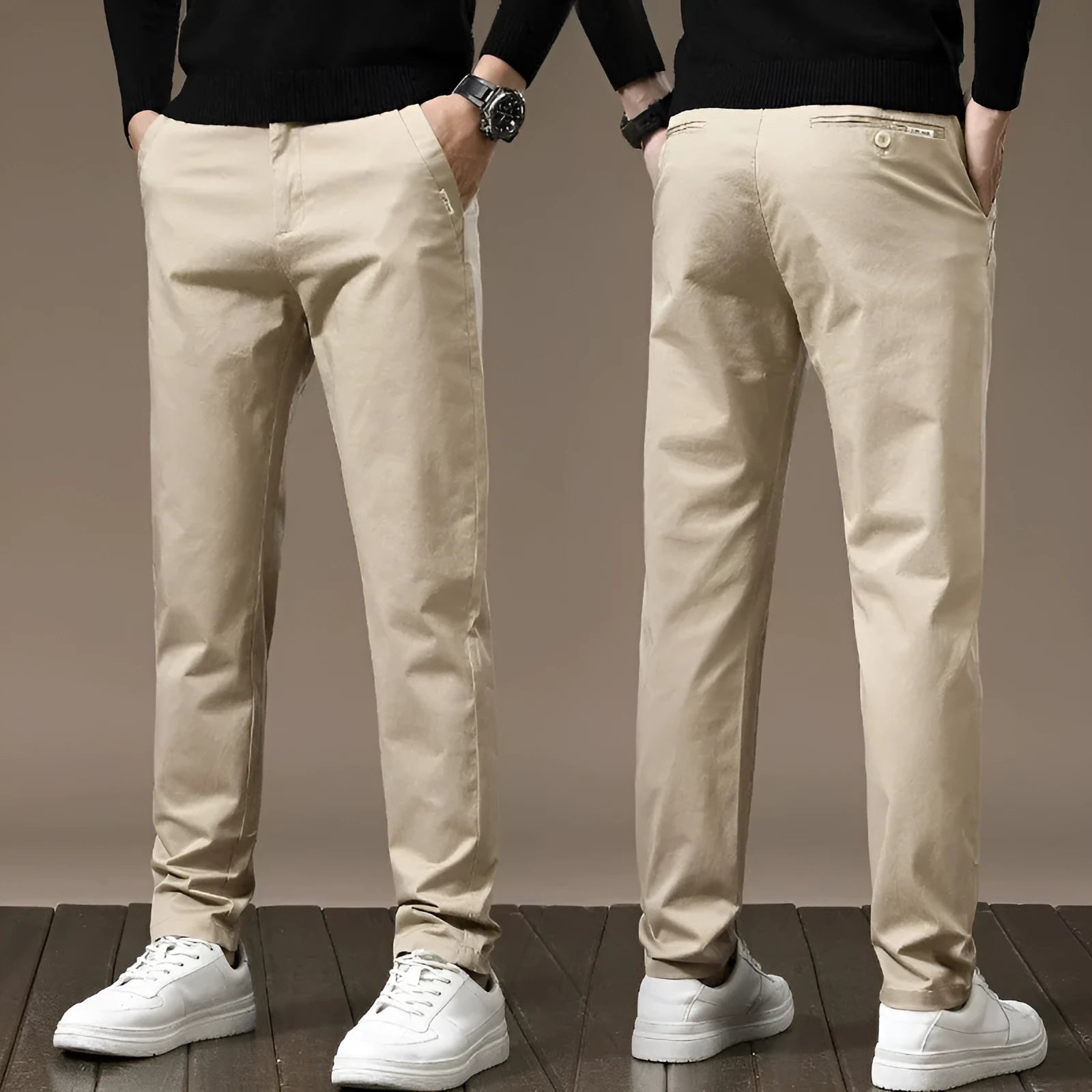 Combed cotton light business casual trousers for men in four colours with mid-rise elastic waist