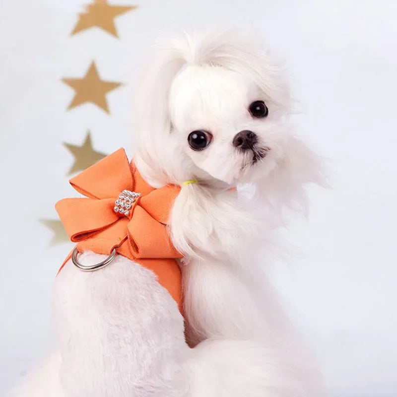 Cute fashion bowknot puppy chest strap in microfiber available in pink, blue and orange colours