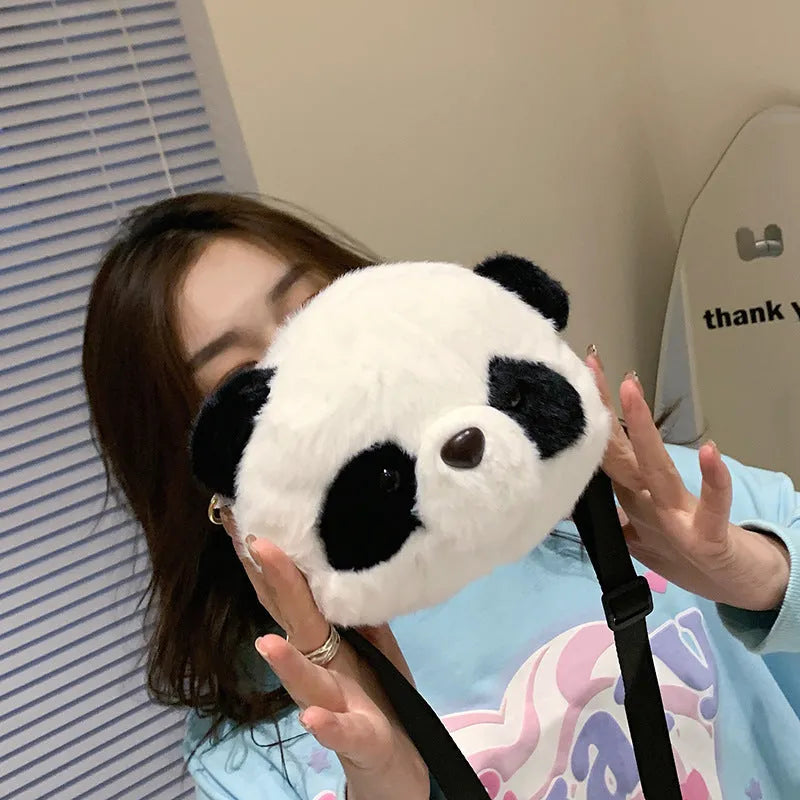 Soft plush cylindrical crossbody bag with panda head design showing 18cm dimensions