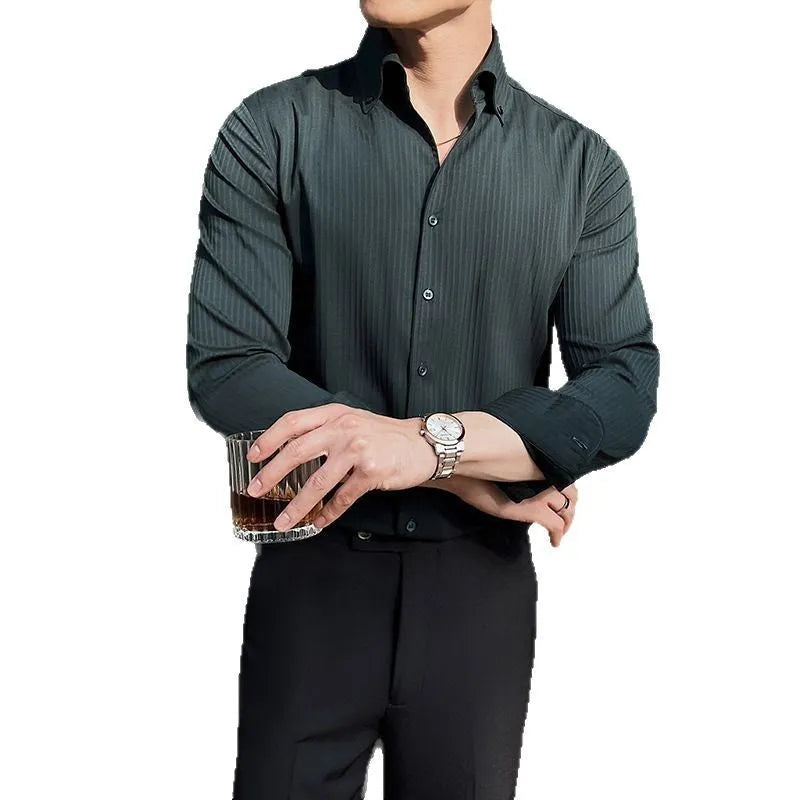 Men's dark striped V-neck long sleeve casual shirt in polyester blend fabric