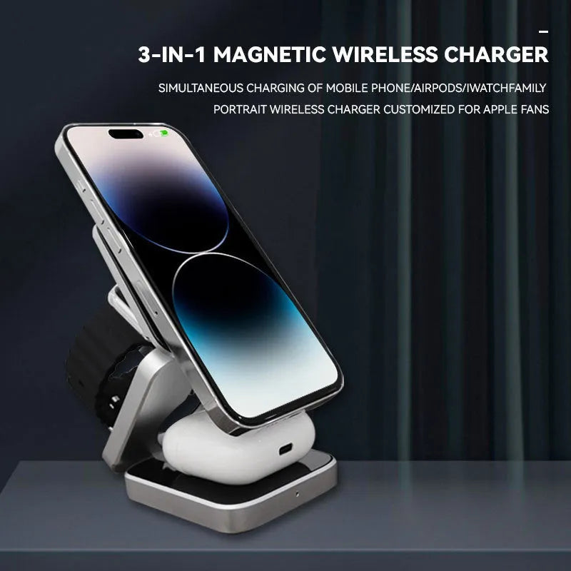 Folding desktop wireless charging bracket for Apple, Samsung and Google Pixel Watch devices
