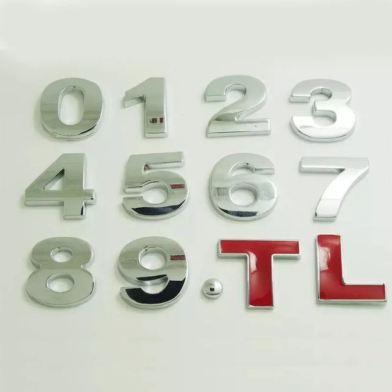 Zinc alloy metal car bumper sticker showing raised 3D letter design in approximately 2.5cm size