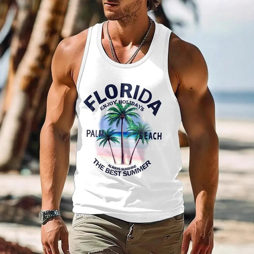 3D printed Hawaiian style men's sleeveless vest tank top in solid colour on polyester fabric
