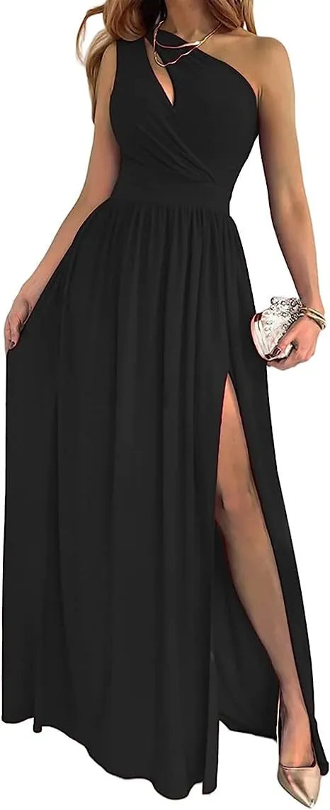Women's apricot one shoulder sleeveless maxi dress with high leg split and cutout detail.