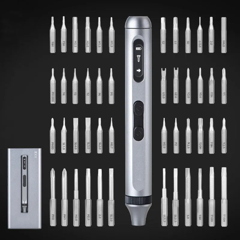 Aluminium alloy precision electric screwdriver with display showing its 134.5mm length and compact design.