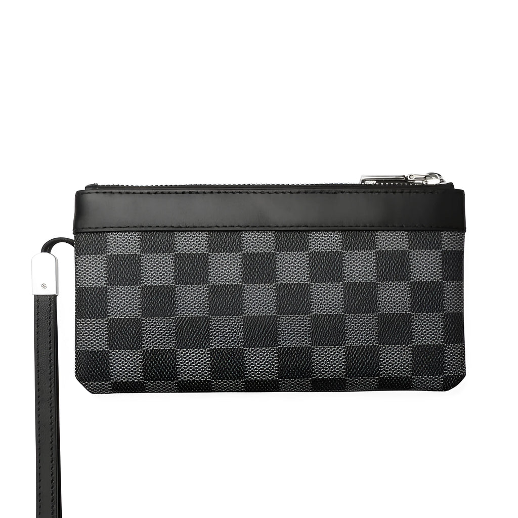 Men's black leather plaid clutch wallet showing front view with 20 x 10 cm dimensions