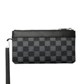 Men's black leather plaid clutch wallet showing front view with 20 x 10 cm dimensions