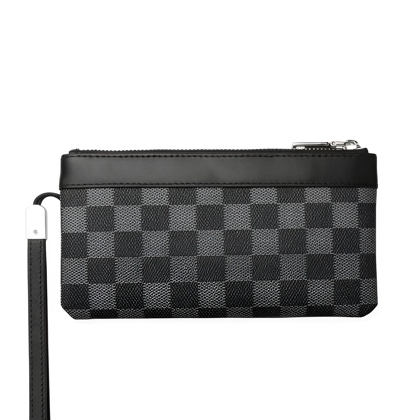 Men's black leather plaid clutch wallet showing front view with 20 x 10 cm dimensions