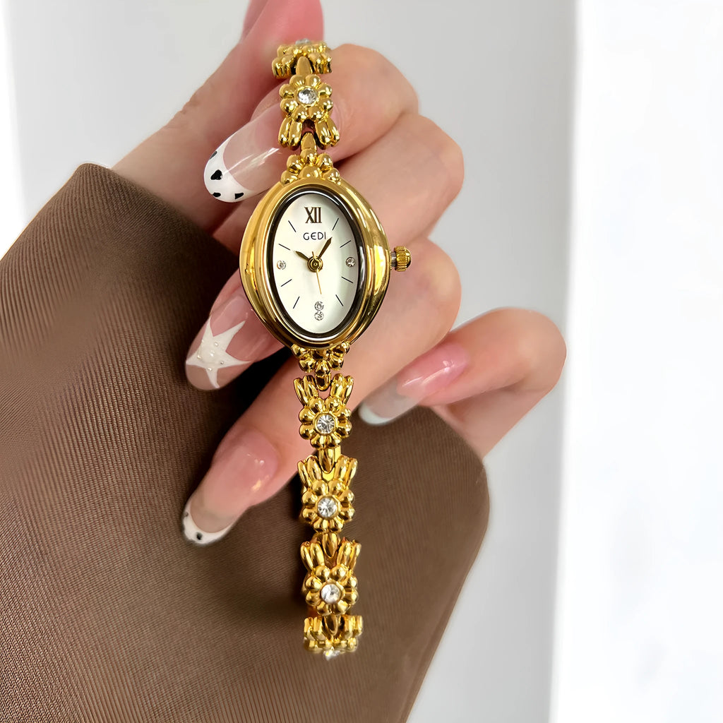 Women's light luxury retro compact alloy watch with 8mm thin case and white dial on white strap