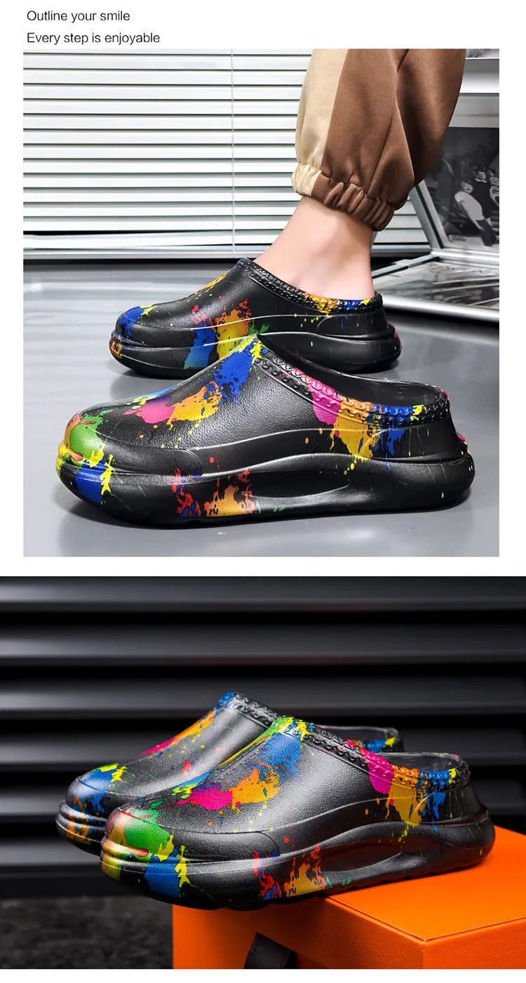 Men's black EVA work slippers with platform pump design and toe cap protection for food workshop use