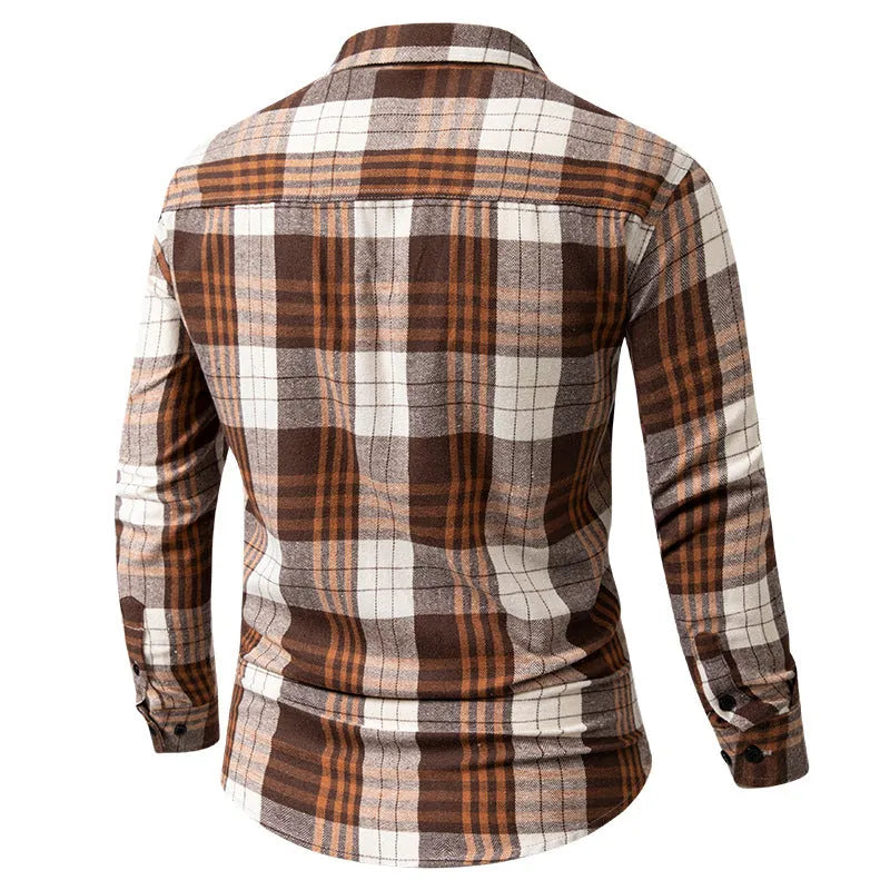 Men's long-sleeved plaid casual Korean-style versatile top shirt cardigan, loose fit, brown grid, polyester