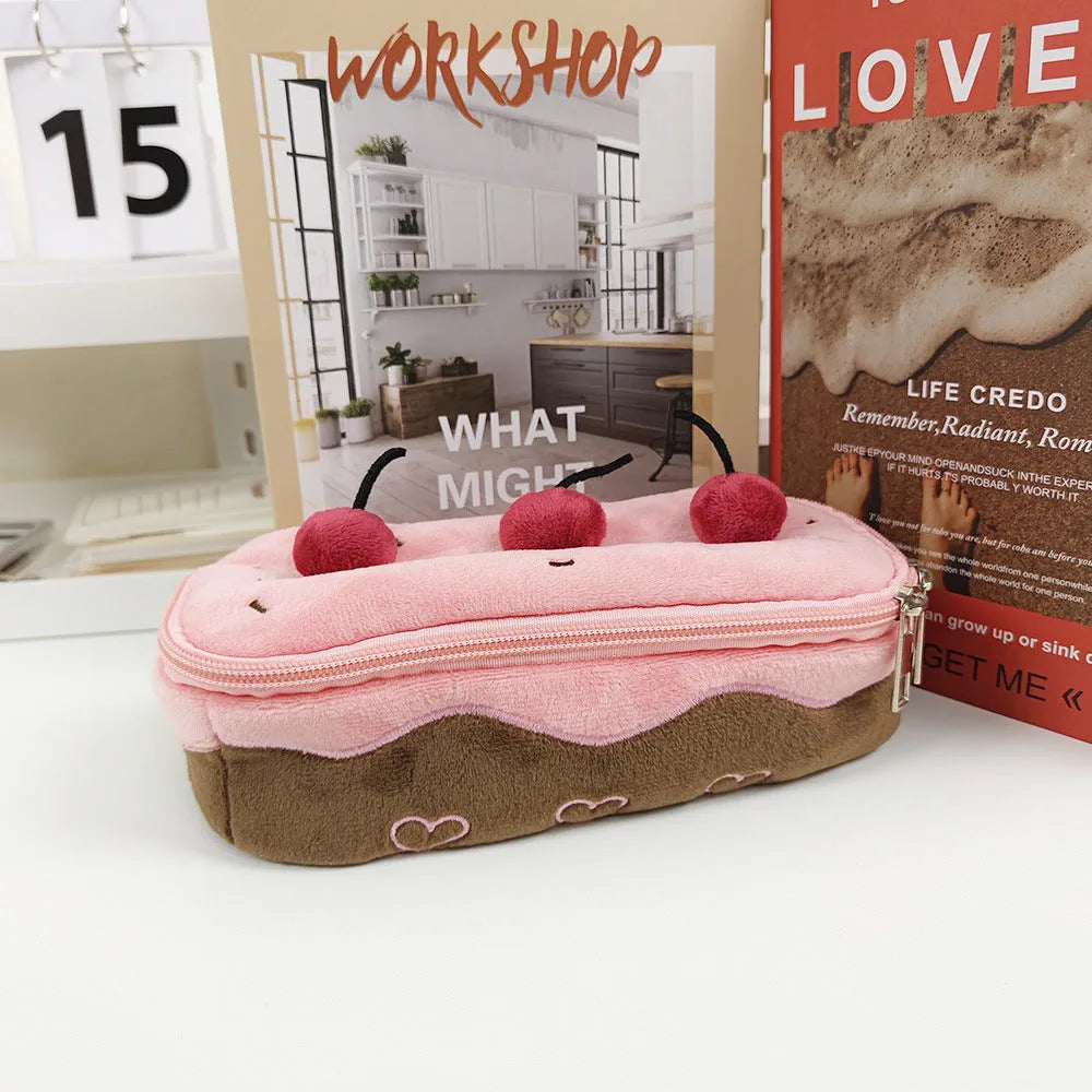Cherry Cake coloured velvet plush pencil bag, Korean style design.