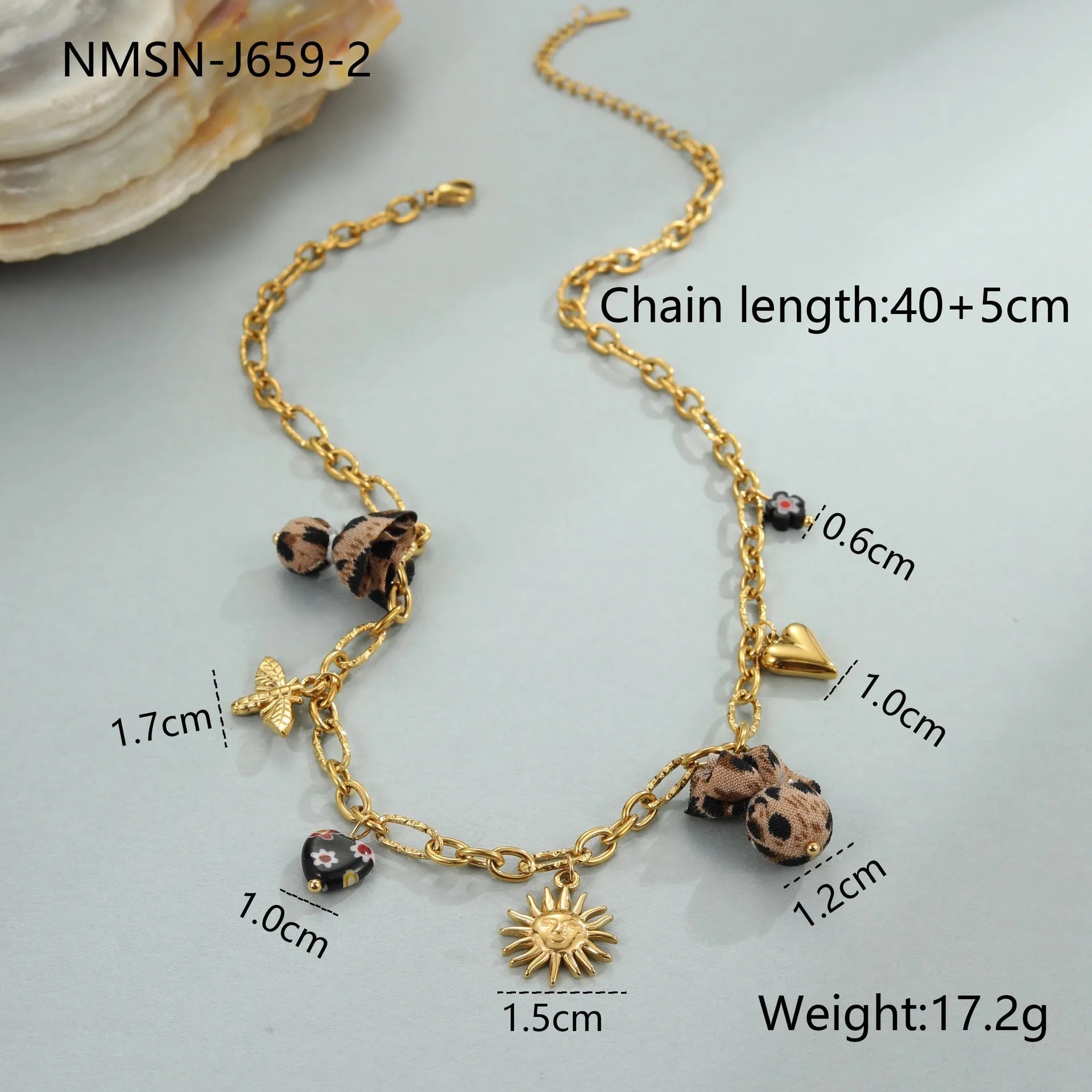Gold plated stainless steel necklace with geometric leopard, love heart, and flowers pendant on a regular chain.