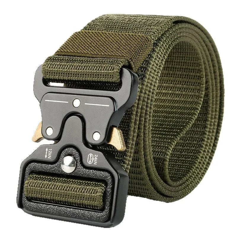 Men's thick canvas tactical belt with alloy release buckle in black colour, showing weaving flowers texture